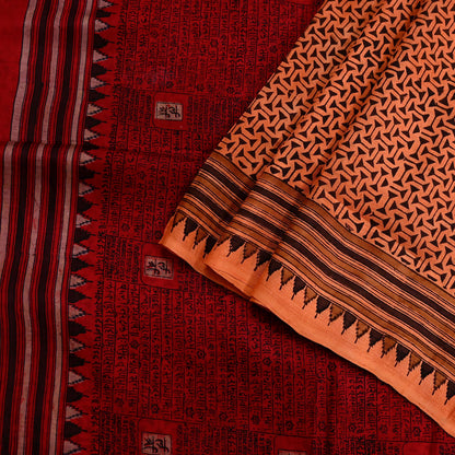 Indian Vintage Sari Orange & Red Pure Silk Printed Saree Craft Fabric 5yd Sewing DressMaking Soft Wrap Floral Crafting Quilting Upcycle