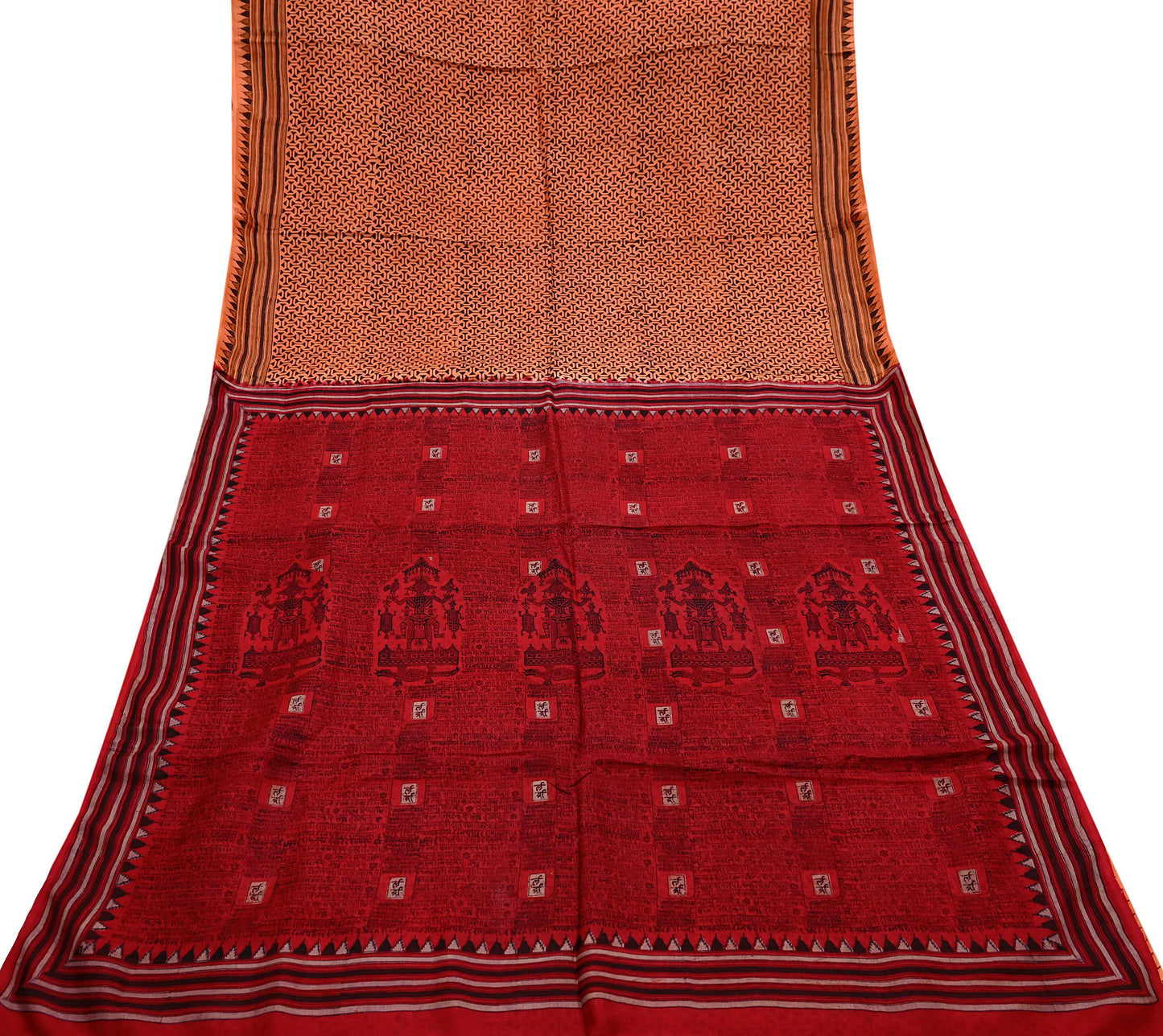 Indian Vintage Sari Orange & Red Pure Silk Printed Saree Craft Fabric 5yd Sewing DressMaking Soft Wrap Floral Crafting Quilting Upcycle