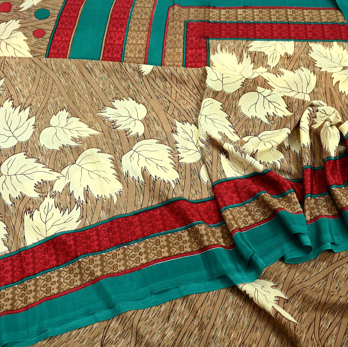 Indian Vintage Brown Moss Crepe Saree | Printed Floral Sari Fabric | 6 Yards | Soft Craft Fabric for Sewing, Dressmaking, Quilting,Upcycling