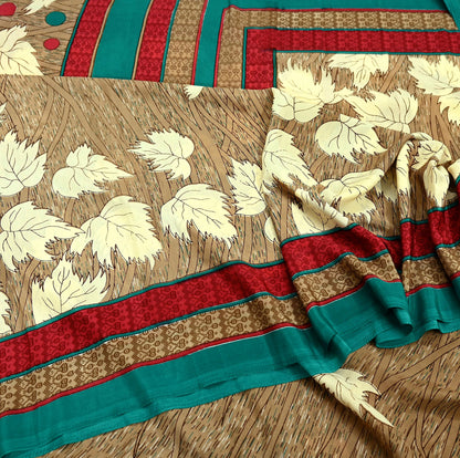 Indian Vintage Brown Moss Crepe Saree | Printed Floral Sari Fabric | 6 Yards | Soft Craft Fabric for Sewing, Dressmaking, Quilting,Upcycling