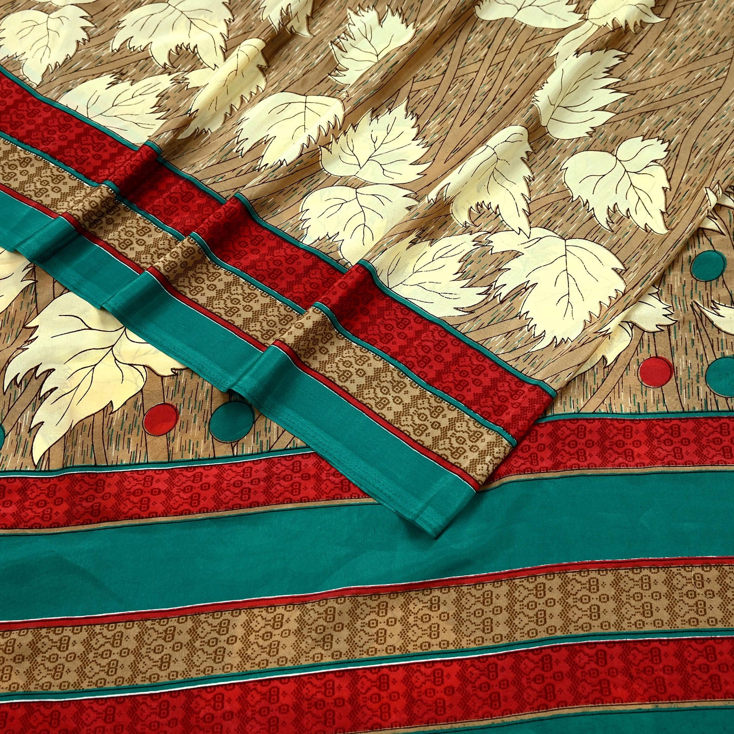 Indian Vintage Brown Moss Crepe Saree | Printed Floral Sari Fabric | 6 Yards | Soft Craft Fabric for Sewing, Dressmaking, Quilting,Upcycling