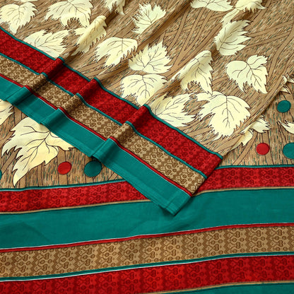 Indian Vintage Brown Moss Crepe Saree | Printed Floral Sari Fabric | 6 Yards | Soft Craft Fabric for Sewing, Dressmaking, Quilting,Upcycling