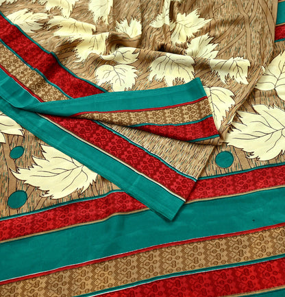 Indian Vintage Brown Moss Crepe Saree | Printed Floral Sari Fabric | 6 Yards | Soft Craft Fabric for Sewing, Dressmaking, Quilting,Upcycling