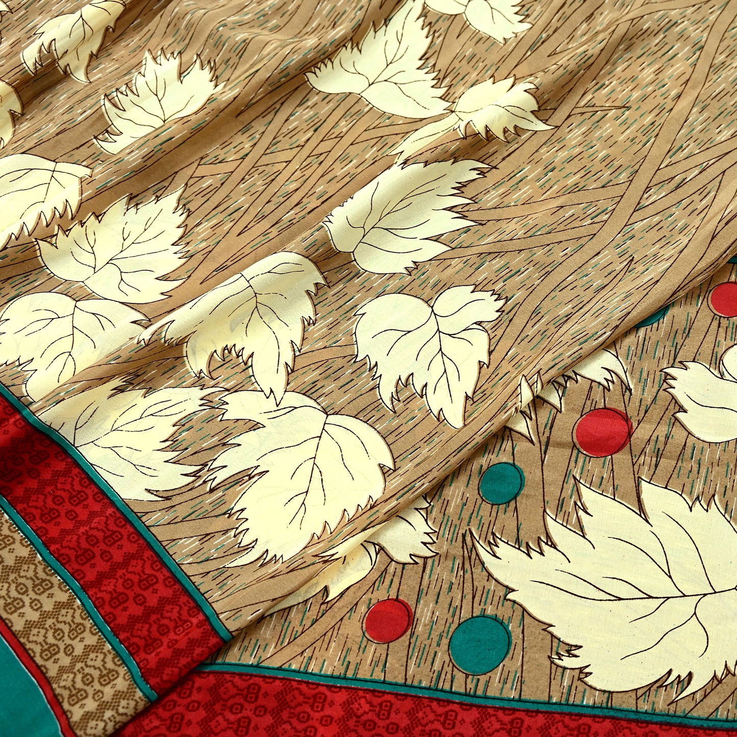 Indian Vintage Brown Moss Crepe Saree | Printed Floral Sari Fabric | 6 Yards | Soft Craft Fabric for Sewing, Dressmaking, Quilting,Upcycling