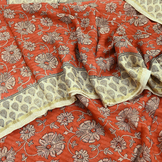 Indian Women Vintage Sari Beige & Orange 100% Pure Georgette Silk Printed Saree Sewing 5yd Soft Craft Floral Design Wrap Boho