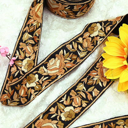 Indian Antique Vintage Real Parsi Gara Border Black Hand Embroidered Craft Trim Lace Sewing Sarees Ribbon Recycled 1yard Pure Silk