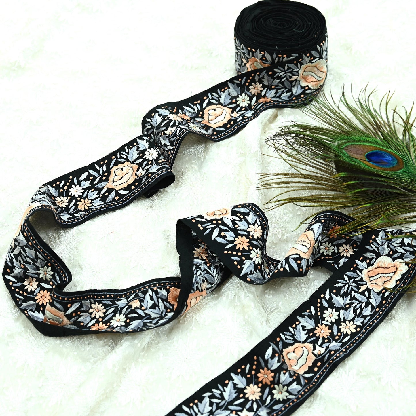 Indian Antique Vintage Real Parsi Gara Border Black Hand Embroidered Craft Trim Lace Sewing Sarees Ribbon Recycled 1yard Pure Cotton