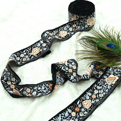 Indian Antique Vintage Real Parsi Gara Border Black Hand Embroidered Craft Trim Lace Sewing Sarees Ribbon Recycled 1yard Pure Cotton