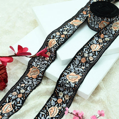 Indian Antique Vintage Real Parsi Gara Border Black Hand Embroidered Craft Trim Lace Sewing Sarees Ribbon Recycled 1yard Pure Cotton