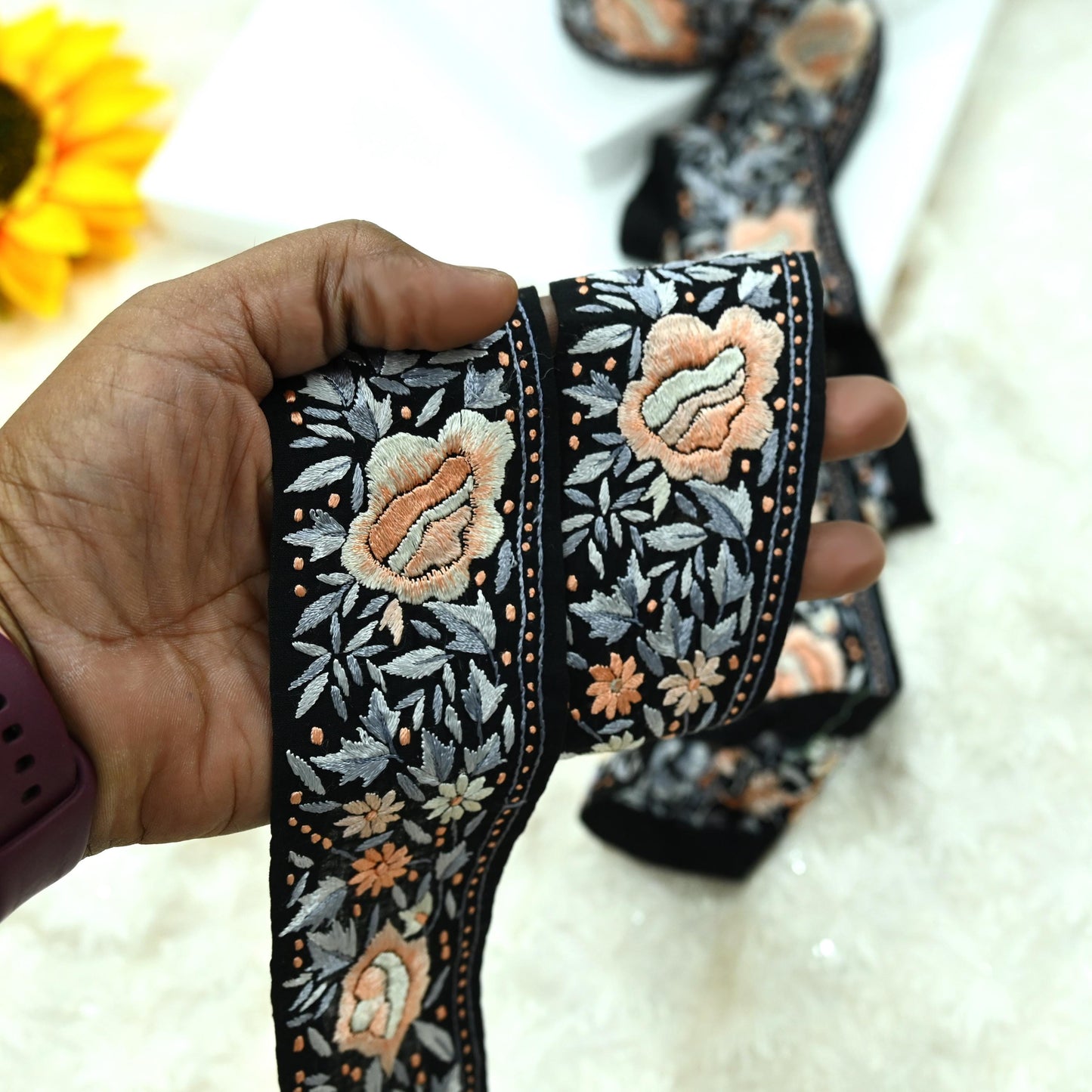 Indian Antique Vintage Real Parsi Gara Border Black Hand Embroidered Craft Trim Lace Sewing Sarees Ribbon Recycled 1yard Pure Cotton