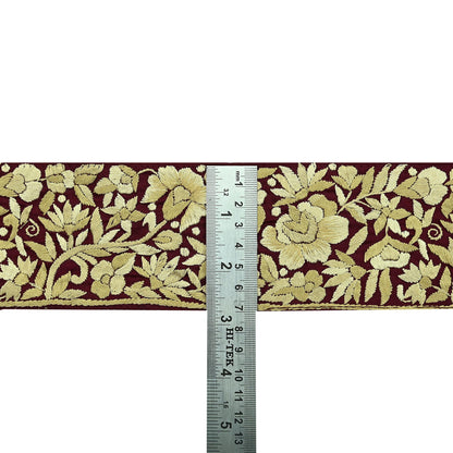 Indian Antique Vintage Real Parsi Gara Border Maroon Hand Embroidered Craft Trim Lace Sewing Sarees Ribbon Recycled 1yard Pure Silk