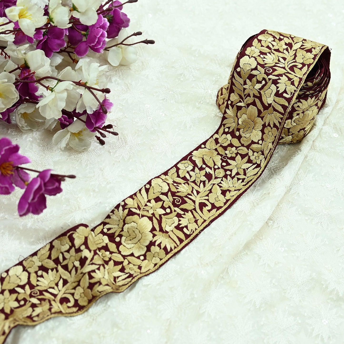 Indian Antique Vintage Real Parsi Gara Border Maroon Hand Embroidered Craft Trim Lace Sewing Sarees Ribbon Recycled 1yard Pure Silk