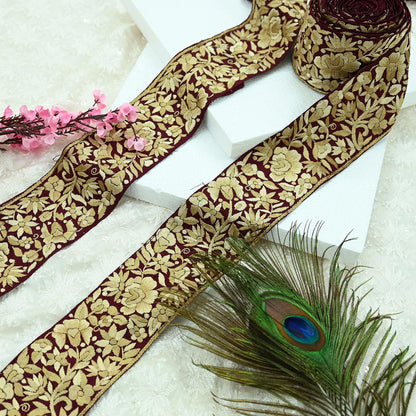 Indian Antique Vintage Real Parsi Gara Border Maroon Hand Embroidered Craft Trim Lace Sewing Sarees Ribbon Recycled 1yard Pure Silk