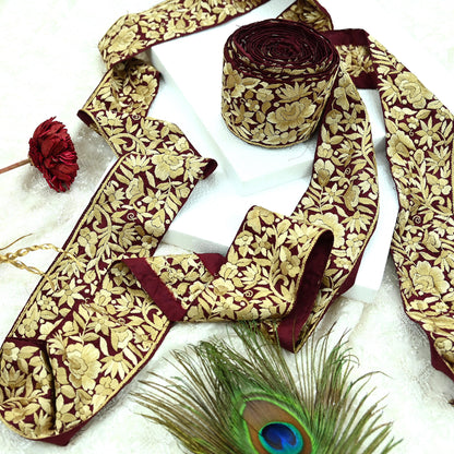 Indian Antique Vintage Real Parsi Gara Border Maroon Hand Embroidered Craft Trim Lace Sewing Sarees Ribbon Recycled 1yard Pure Silk