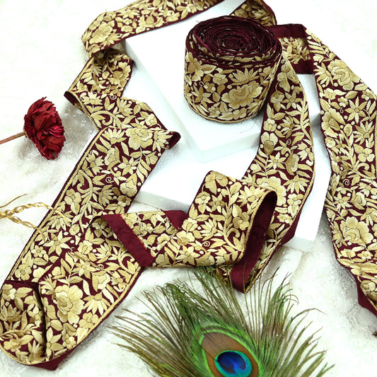 Indian Antique Vintage Real Parsi Gara Border Maroon Hand Embroidered Craft Trim Lace Sewing Sarees Ribbon Recycled 1yard Pure Silk