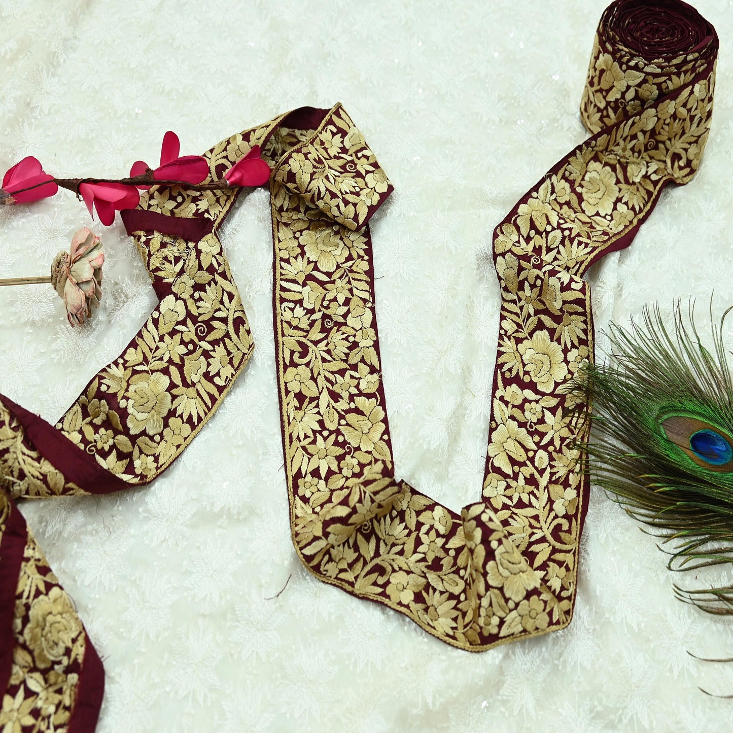 Indian Antique Vintage Real Parsi Gara Border Maroon Hand Embroidered Craft Trim Lace Sewing Sarees Ribbon Recycled 1yard Pure Silk