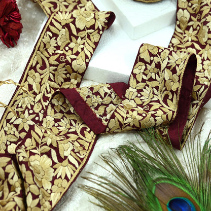 Indian Antique Vintage Real Parsi Gara Border Maroon Hand Embroidered Craft Trim Lace Sewing Sarees Ribbon Recycled 1yard Pure Silk