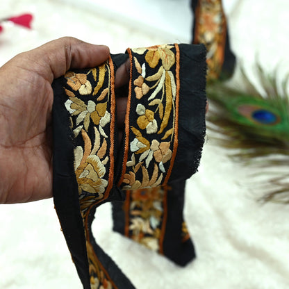 Indian Antique Vintage Real Parsi Gara Border Black Hand Embroidered Craft Trim Lace Sewing Sarees Ribbon Recycled 1yard Pure Silk