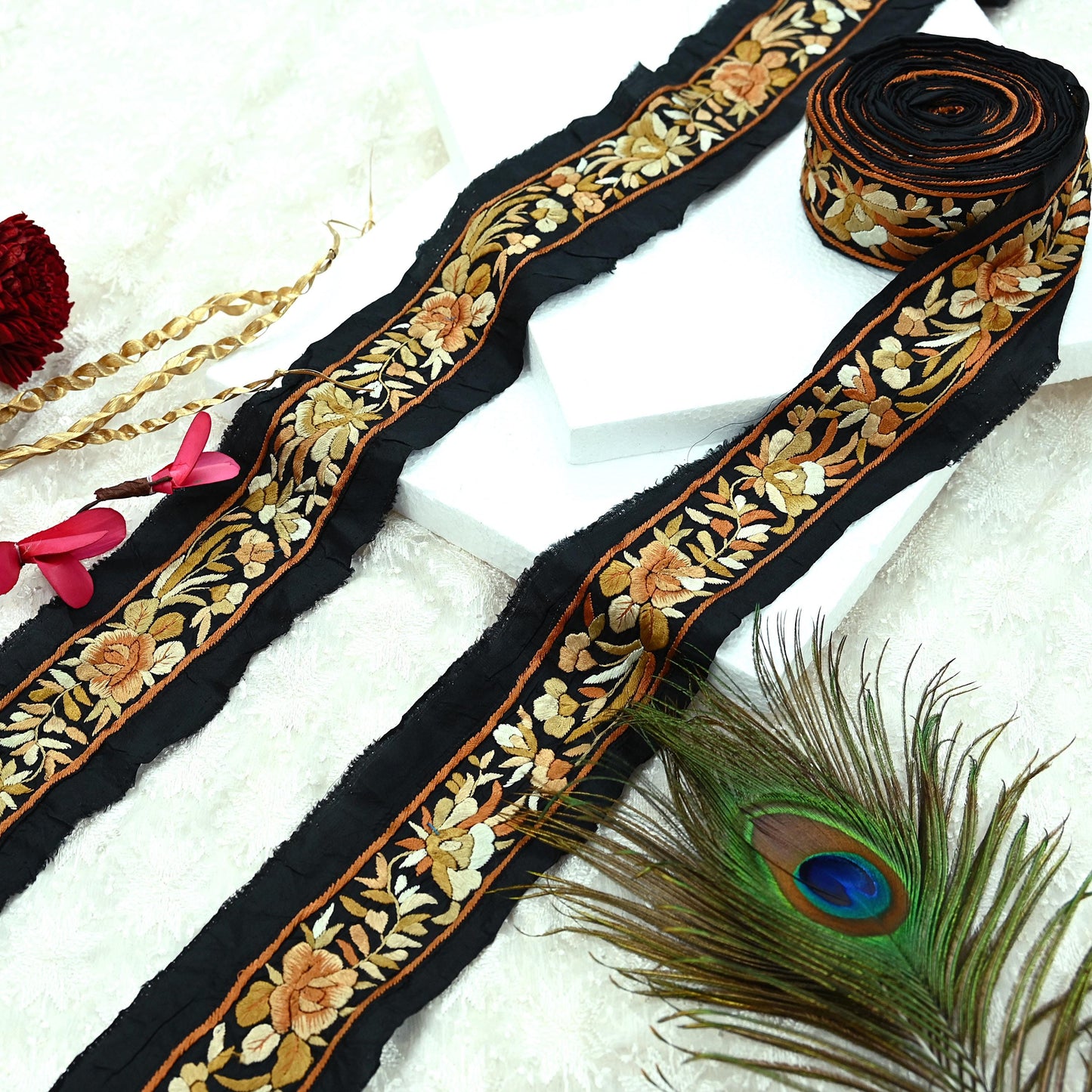 Indian Antique Vintage Real Parsi Gara Border Black Hand Embroidered Craft Trim Lace Sewing Sarees Ribbon Recycled 1yard Pure Silk
