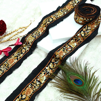 Indian Antique Vintage Real Parsi Gara Border Black Hand Embroidered Craft Trim Lace Sewing Sarees Ribbon Recycled 1yard Pure Silk