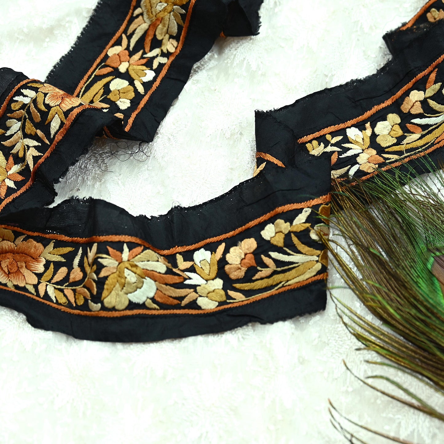 Indian Antique Vintage Real Parsi Gara Border Black Hand Embroidered Craft Trim Lace Sewing Sarees Ribbon Recycled 1yard Pure Silk