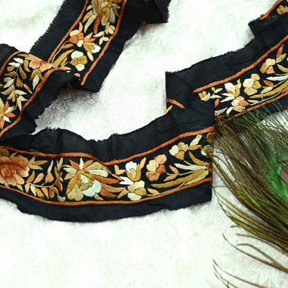 Indian Antique Vintage Real Parsi Gara Border Black Hand Embroidered Craft Trim Lace Sewing Sarees Ribbon Recycled 1yard Pure Silk