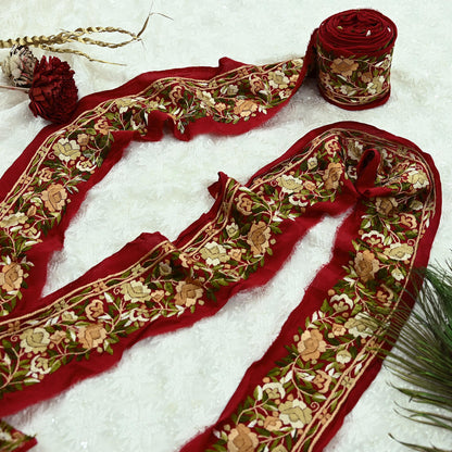 Indian Antique Vintage Real Parsi Gara Border Red Hand Embroidered Craft Trim Lace Sewing Sarees Ribbon Recycled 1yard Pure Crepe Silk