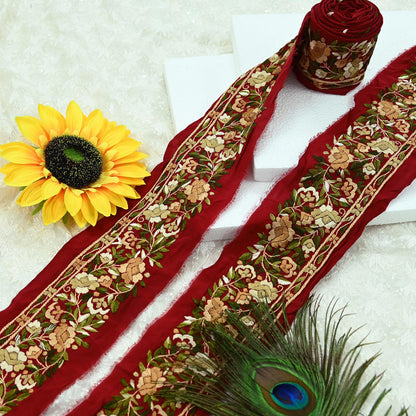 Indian Antique Vintage Real Parsi Gara Border Red Hand Embroidered Craft Trim Lace Sewing Sarees Ribbon Recycled 1yard Pure Crepe Silk