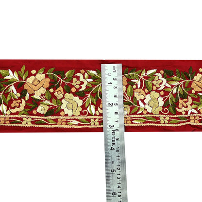 Indian Antique Vintage Real Parsi Gara Border Red Hand Embroidered Craft Trim Lace Sewing Sarees Ribbon Recycled 1yard Pure Crepe Silk