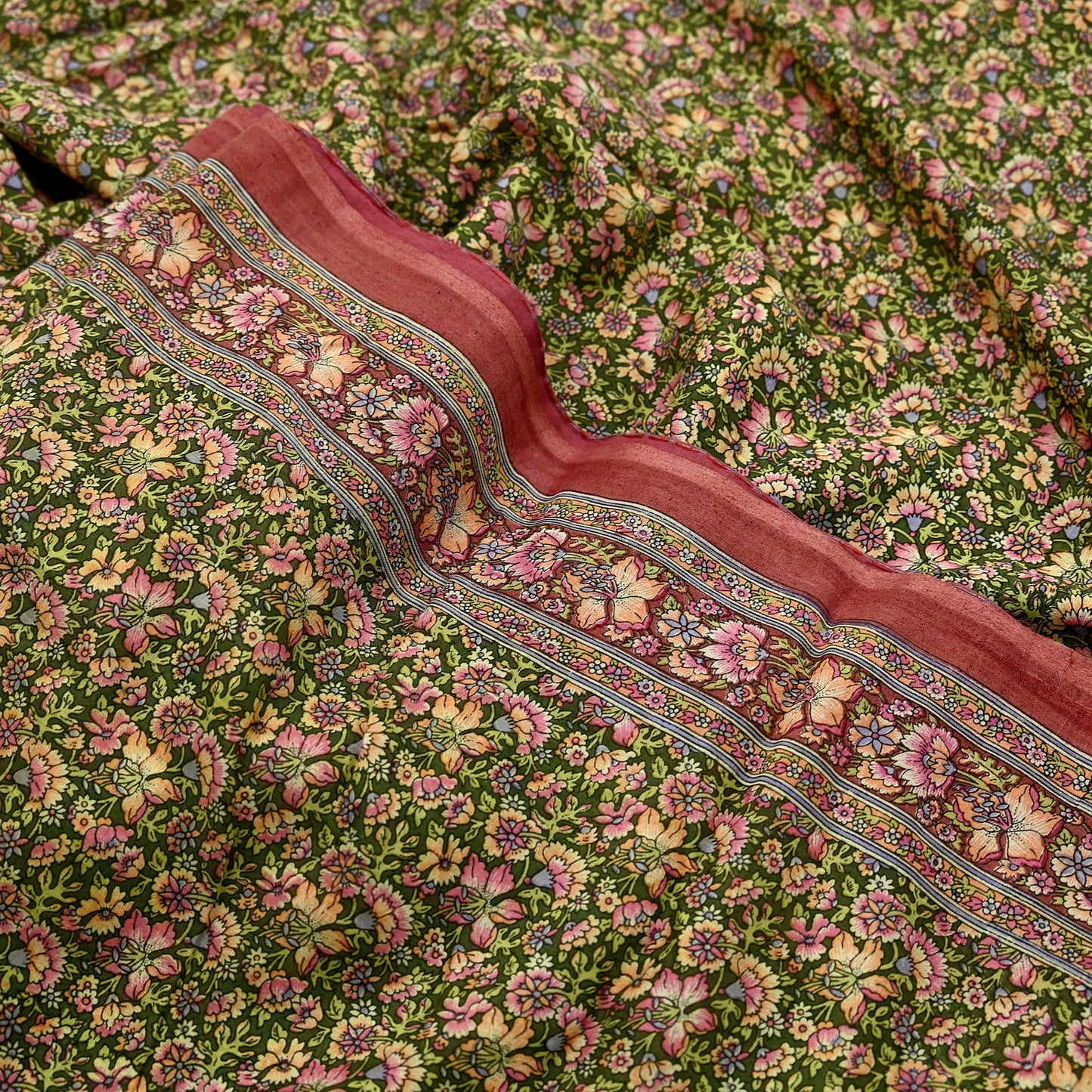 Indian Vintage Sari Brown & Green Printed Pure Cotton Sarees Fabric Floral 5Yd Sarong Wrap Boho Fabric Kimono Dress making Crafting