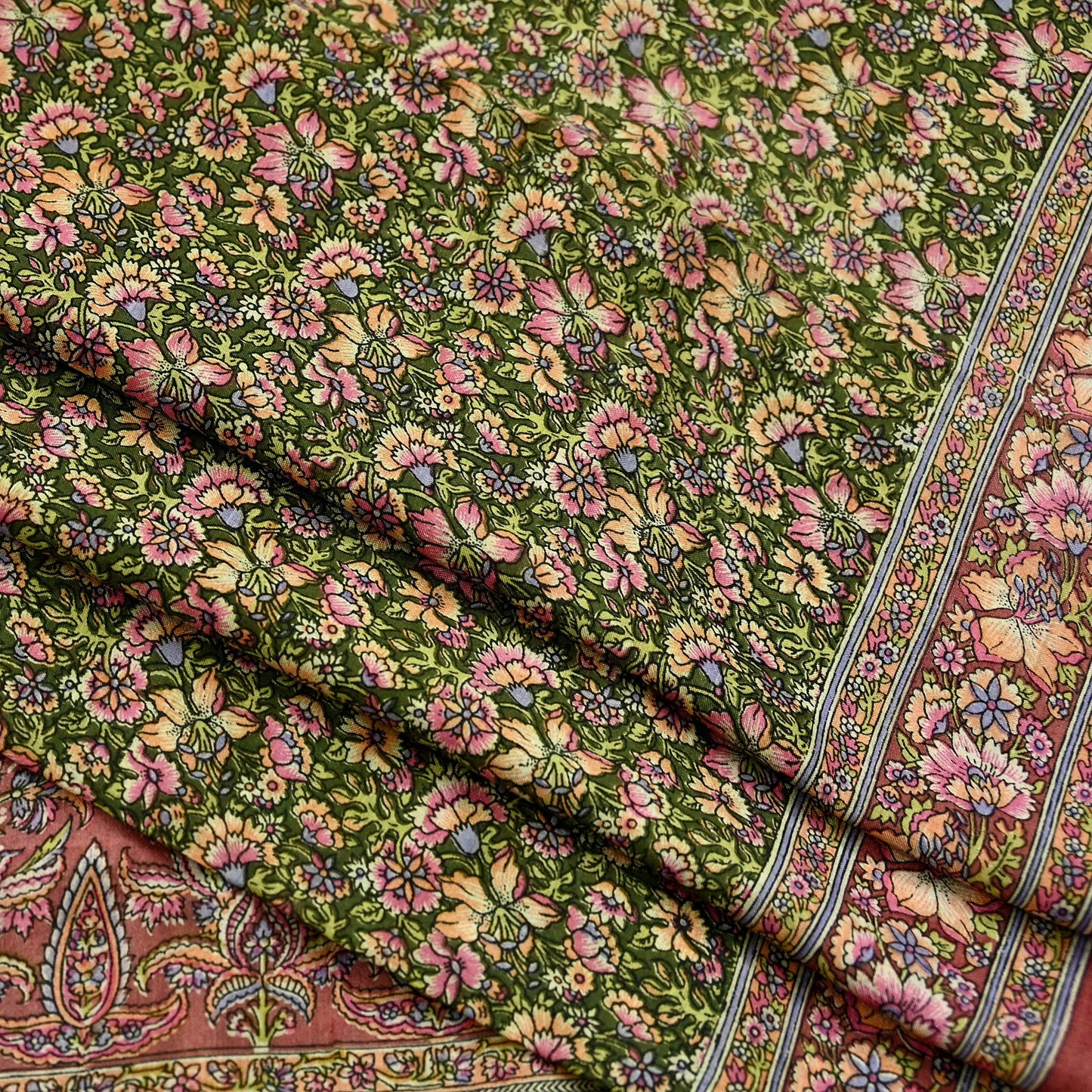 Indian Vintage Sari Brown & Green Printed Pure Cotton Sarees Fabric Floral 5Yd Sarong Wrap Boho Fabric Kimono Dress making Crafting