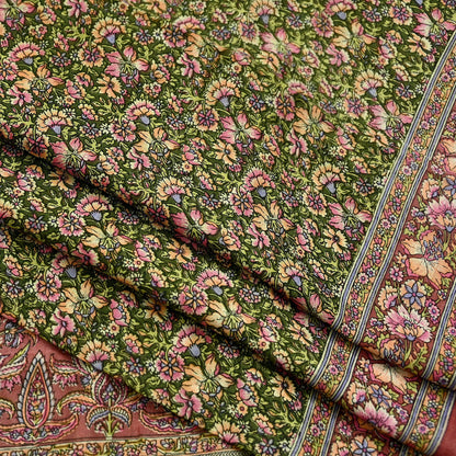 Indian Vintage Sari Brown & Green Printed Pure Cotton Sarees Fabric Floral 5Yd Sarong Wrap Boho Fabric Kimono Dress making Crafting