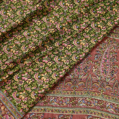 Indian Vintage Sari Brown & Green Printed Pure Cotton Sarees Fabric Floral 5Yd Sarong Wrap Boho Fabric Kimono Dress making Crafting