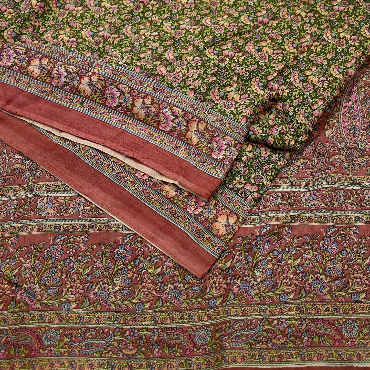 Indian Vintage Sari Brown & Green Printed Pure Cotton Sarees Fabric Floral 5Yd Sarong Wrap Boho Fabric Kimono Dress making Crafting