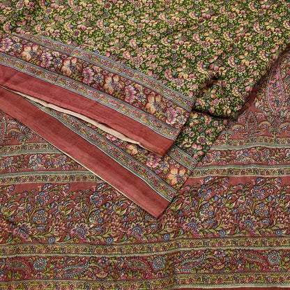 Indian Vintage Sari Brown & Green Printed Pure Cotton Sarees Fabric Floral 5Yd Sarong Wrap Boho Fabric Kimono Dress making Crafting