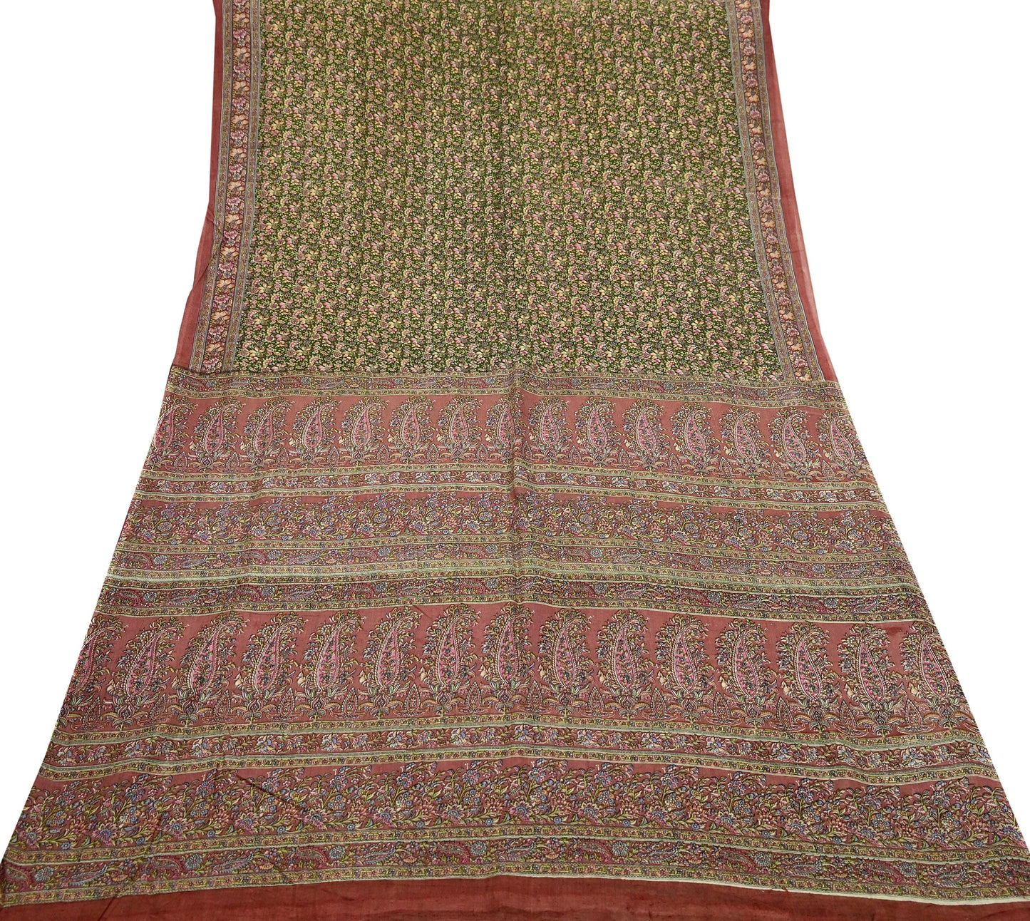 Indian Vintage Sari Brown & Green Printed Pure Cotton Sarees Fabric Floral 5Yd Sarong Wrap Boho Fabric Kimono Dress making Crafting