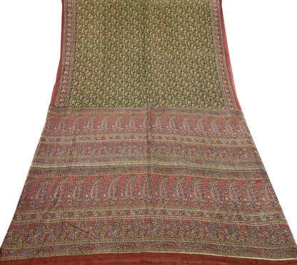 Indian Vintage Sari Brown & Green Printed Pure Cotton Sarees Fabric Floral 5Yd Sarong Wrap Boho Fabric Kimono Dress making Crafting