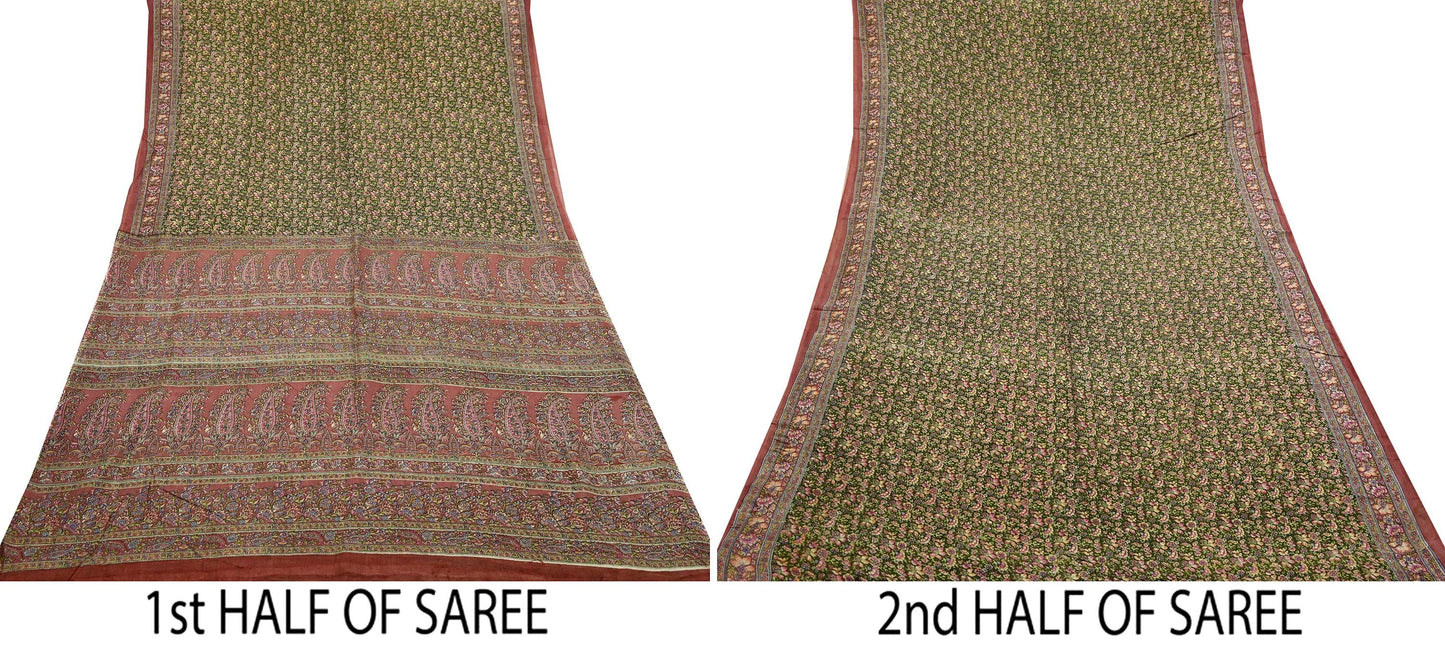 Indian Vintage Sari Brown & Green Printed Pure Cotton Sarees Fabric Floral 5Yd Sarong Wrap Boho Fabric Kimono Dress making Crafting