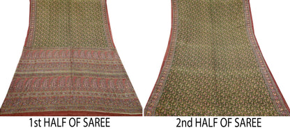 Indian Vintage Sari Brown & Green Printed Pure Cotton Sarees Fabric Floral 5Yd Sarong Wrap Boho Fabric Kimono Dress making Crafting