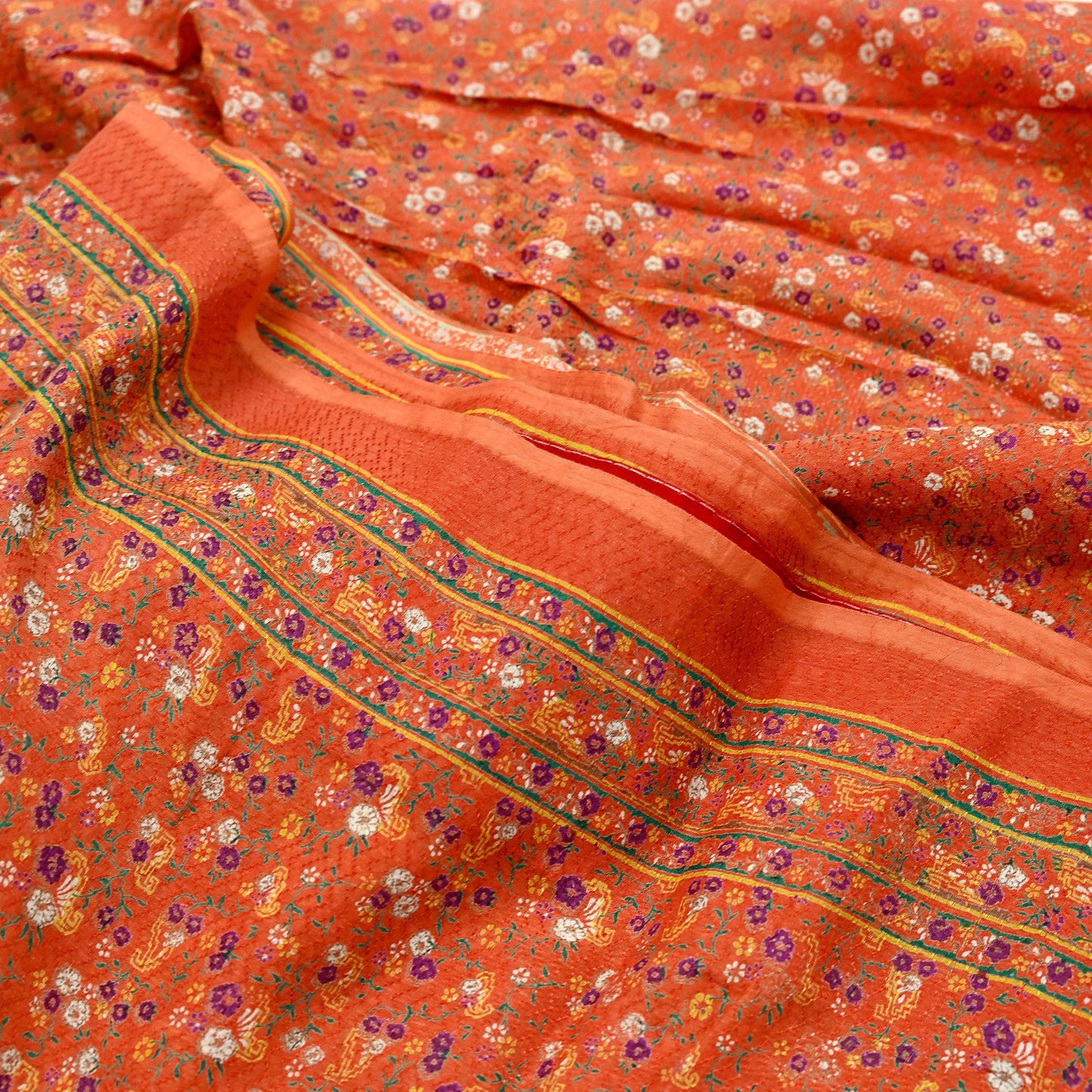 Indian Vintage Sari Orange & Black Printed Pure Cotton Sarees Fabric Floral 5Yd Sarong Wrap Boho Fabric Kimono Dress making Crafting