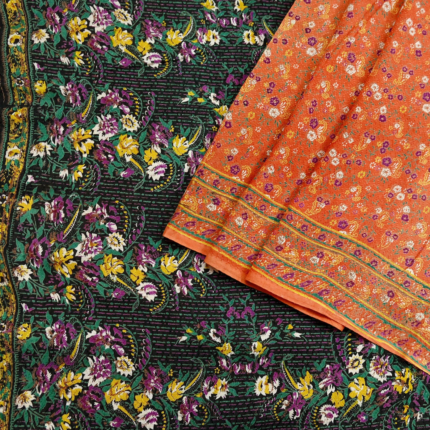 Indian Vintage Sari Orange & Black Printed Pure Cotton Sarees Fabric Floral 5Yd Sarong Wrap Boho Fabric Kimono Dress making Crafting