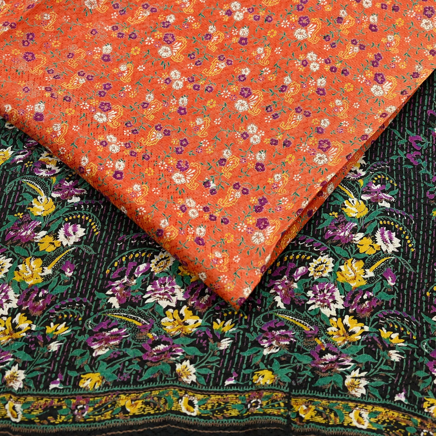 Indian Vintage Sari Orange & Black Printed Pure Cotton Sarees Fabric Floral 5Yd Sarong Wrap Boho Fabric Kimono Dress making Crafting