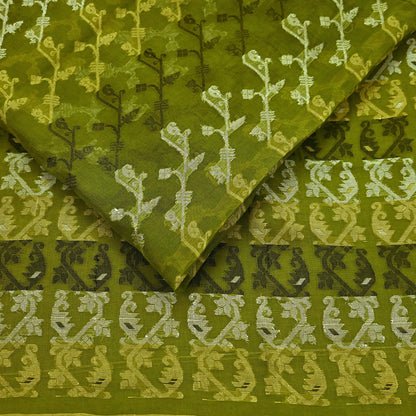 Indian Vintage Sarees Green Pure Cotton Hand Woven Jamdani Sari 5yd Ethnic Floral Craft Fabric Dress making Upcycle Crafting Quilting