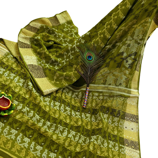 Indian Vintage Sarees Green Pure Cotton Hand Woven Jamdani Sari 5yd Ethnic Floral Craft Fabric Dress making Upcycle Crafting Quilting