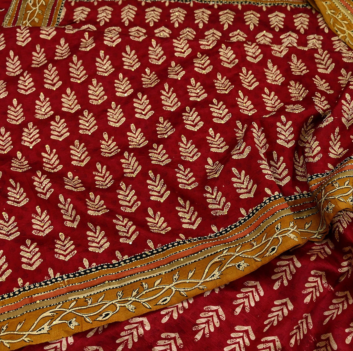 Indian Vintage Sari Red & Saffron Pure Silk Hand Embroidered Kantha Saree Fabric 5yard Sewing Floral Soft Sequins Dress making Crafting