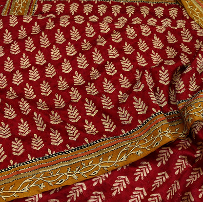 Indian Vintage Sari Red & Saffron Pure Silk Hand Embroidered Kantha Saree Fabric 5yard Sewing Floral Soft Sequins Dress making Crafting