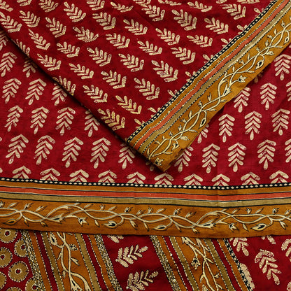 Indian Vintage Sari Red & Saffron Pure Silk Hand Embroidered Kantha Saree Fabric 5yard Sewing Floral Soft Sequins Dress making Crafting