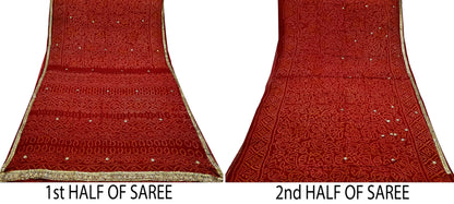 Indian Vintage Red Saree Pure Georgette Silk Hand Embroidered Bandhani Printed Sari Fabric 5yard Soft Zardozi Craft Fabric Soft Gota Patti