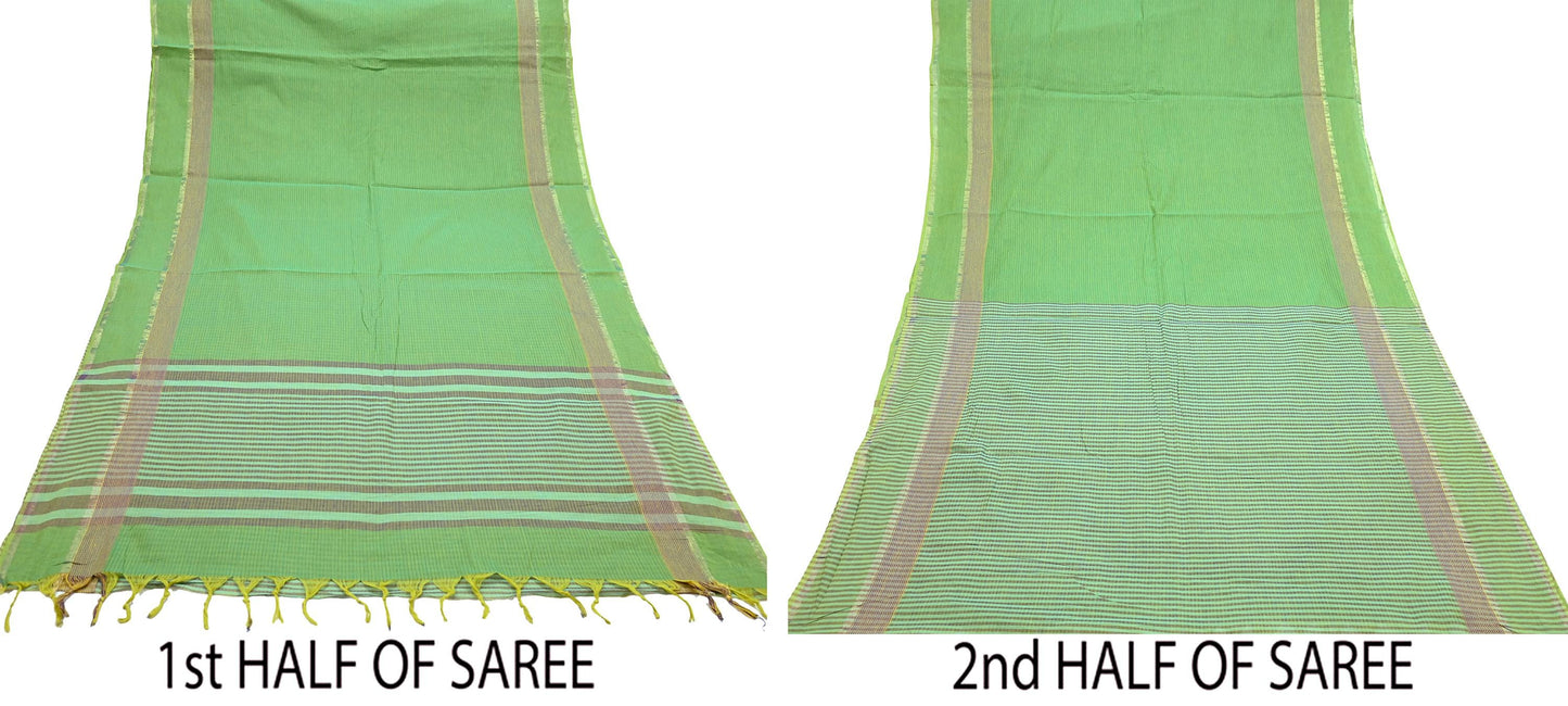 Indian Vintage Sari Green Pure Cotton Hand Woven Sarees Craft Fabric 5yd Ethnic Paisley Crafting Upcycle Quilting Dress Making Fringes
