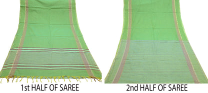 Indian Vintage Sari Green Pure Cotton Hand Woven Sarees Craft Fabric 5yd Ethnic Paisley Crafting Upcycle Quilting Dress Making Fringes